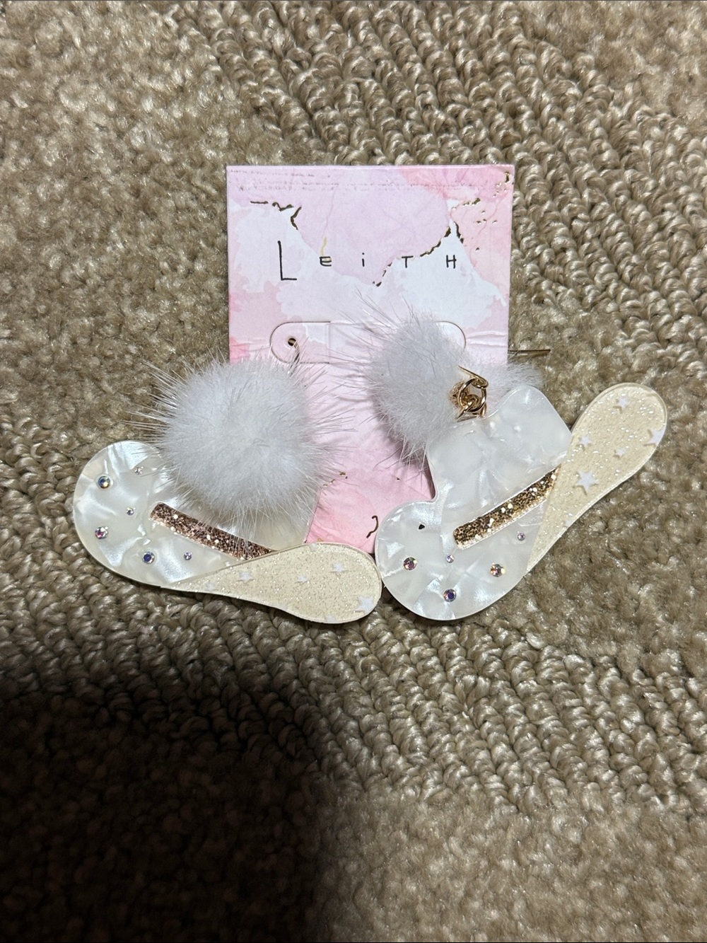 Leith Cowboy Hat Pom Pom Statement Earrings White Gold Rhinestone